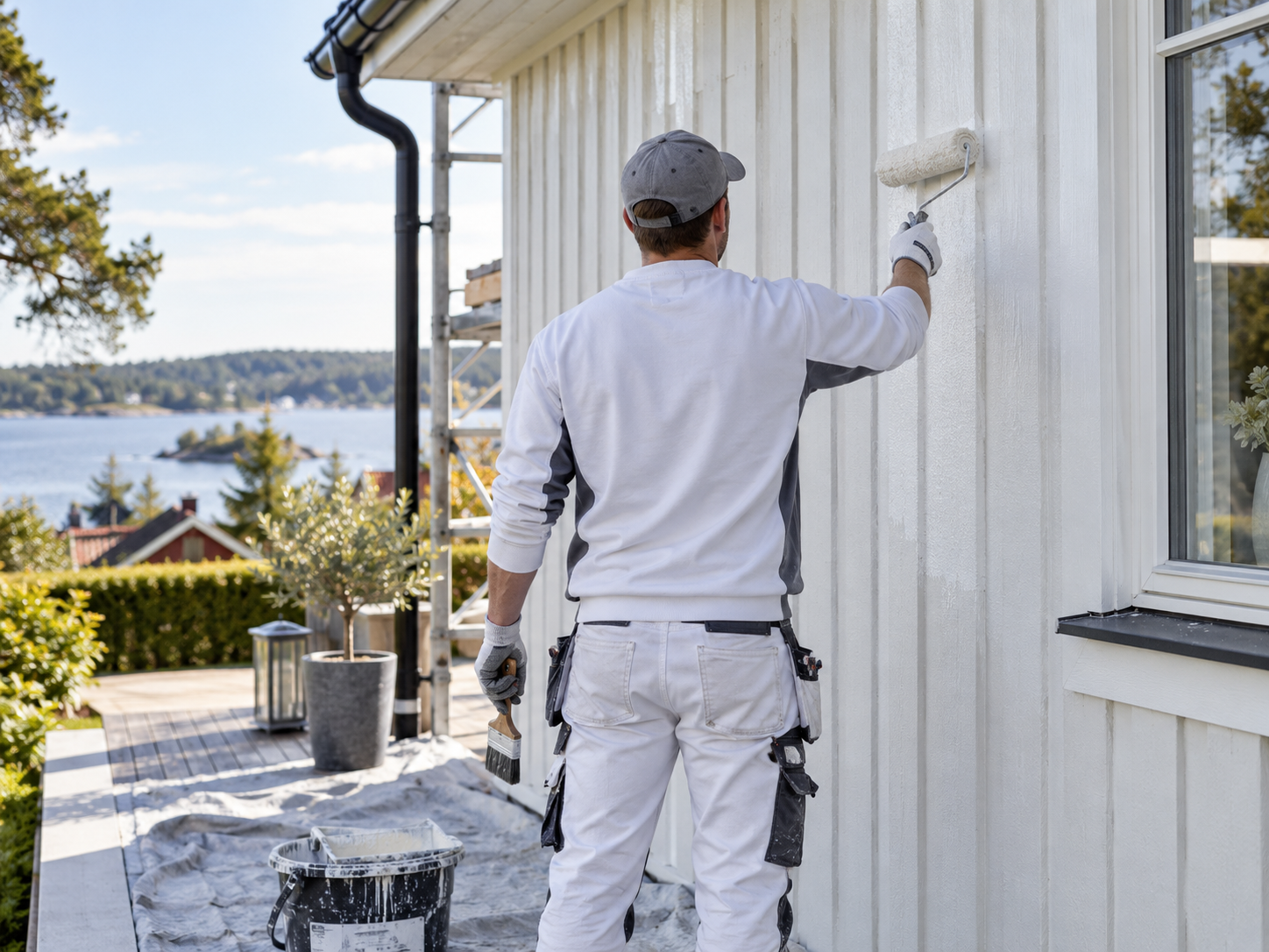 Målare som målar en träfasad bakifrån