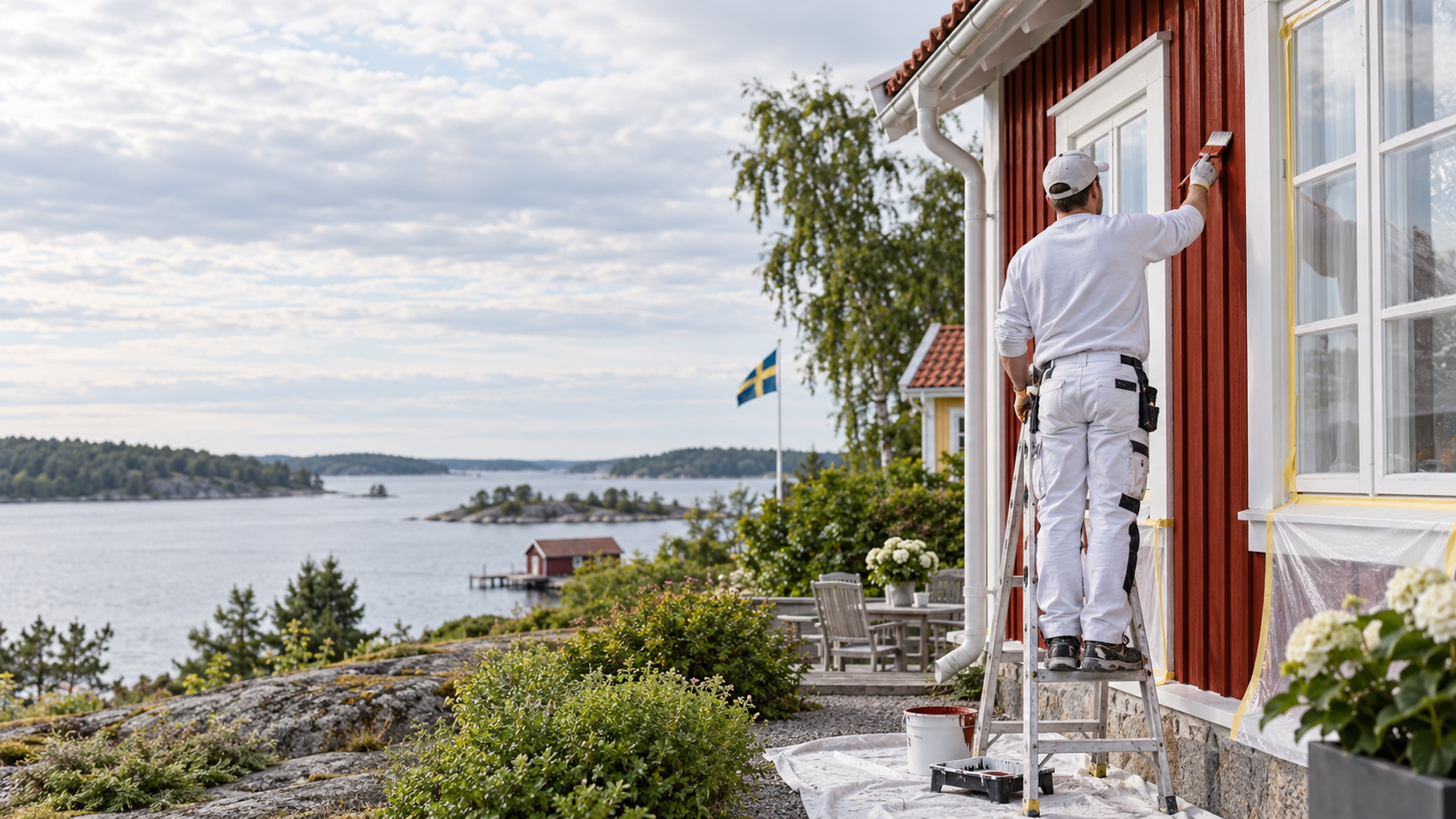Målare som målar fasaden på en svensk villa