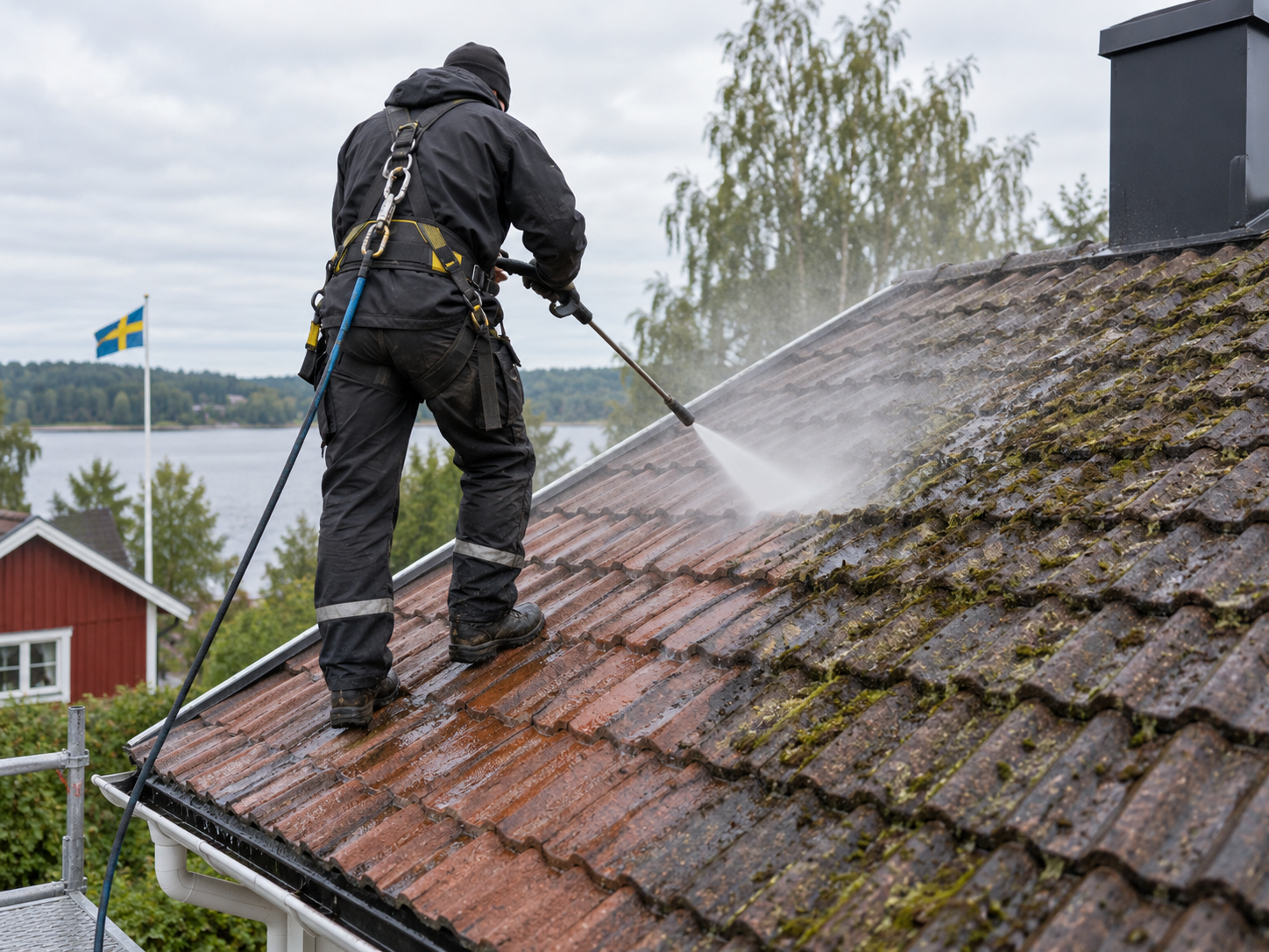 Säkrad takarbetare som tvättar tak